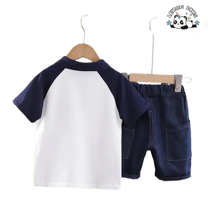 LEZONKIDS - Direct Sales Little Kid Boy Lapel Cartoon T-shirt and Jeans Boys Clothing Sets for 2-14T Children